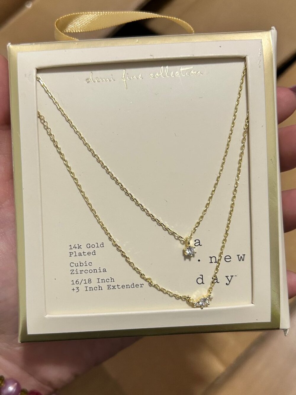 A New Day Demi Fine 14k Gold Plated Cubic Zirconia Layered Necklace NIB